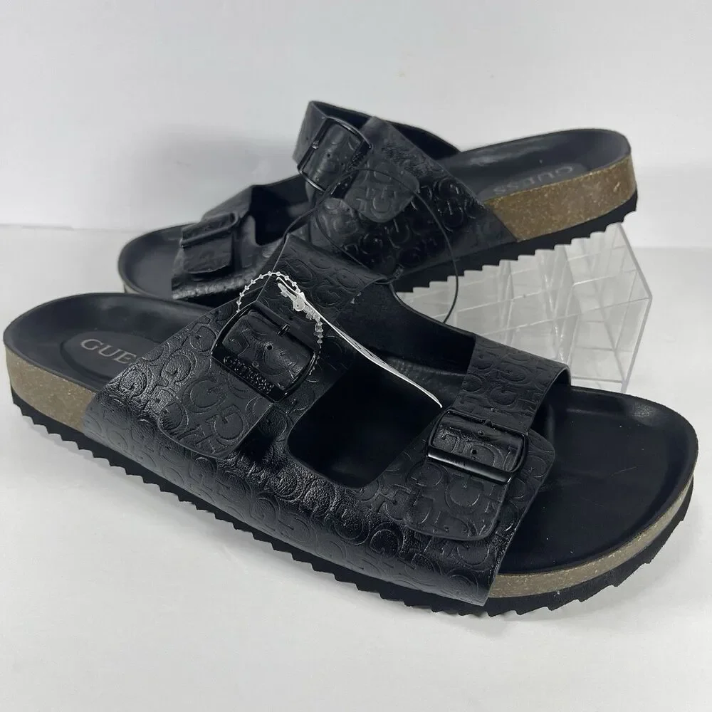 GUESS Men’s Double Strap Slide Sandals Black Logo Embossed Size 12M